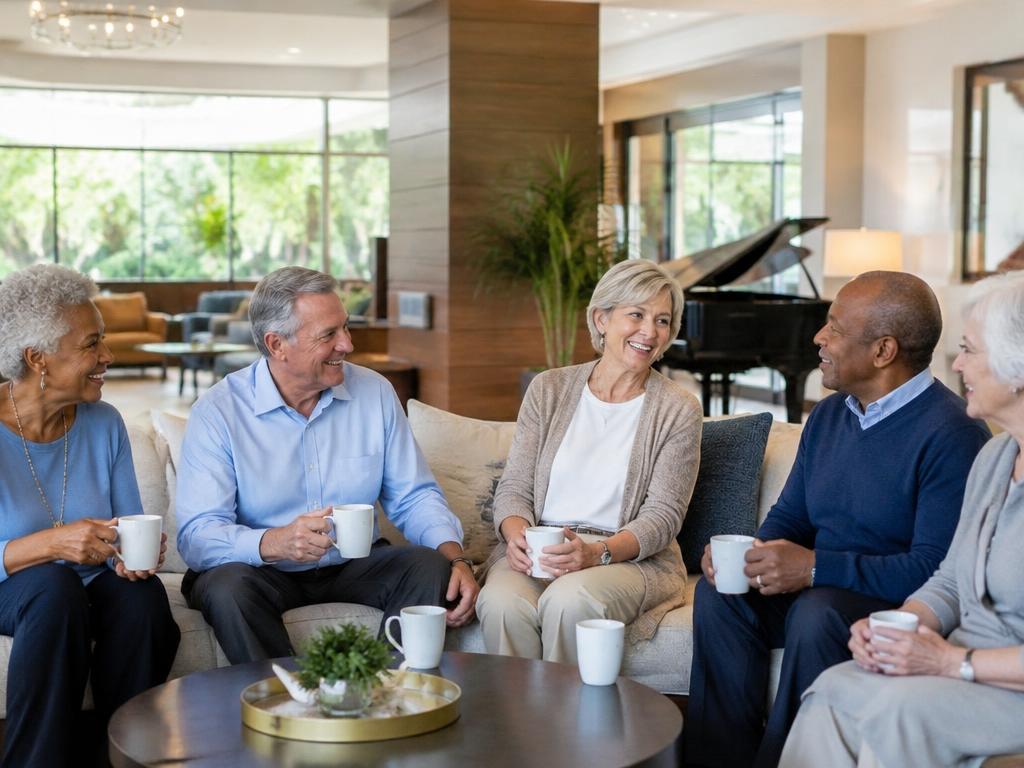 Residents socializing in the community lounge